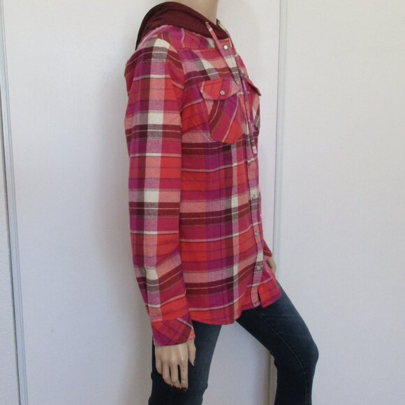 Legendary Whitetails Shacket Size Medium Pink Plaid Hooded Button-Up - Picture 5 of 10